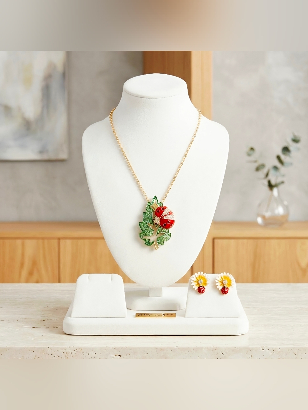 Gold plated green & white crystal ladybug leaf daisy necklace/brooch earrings
